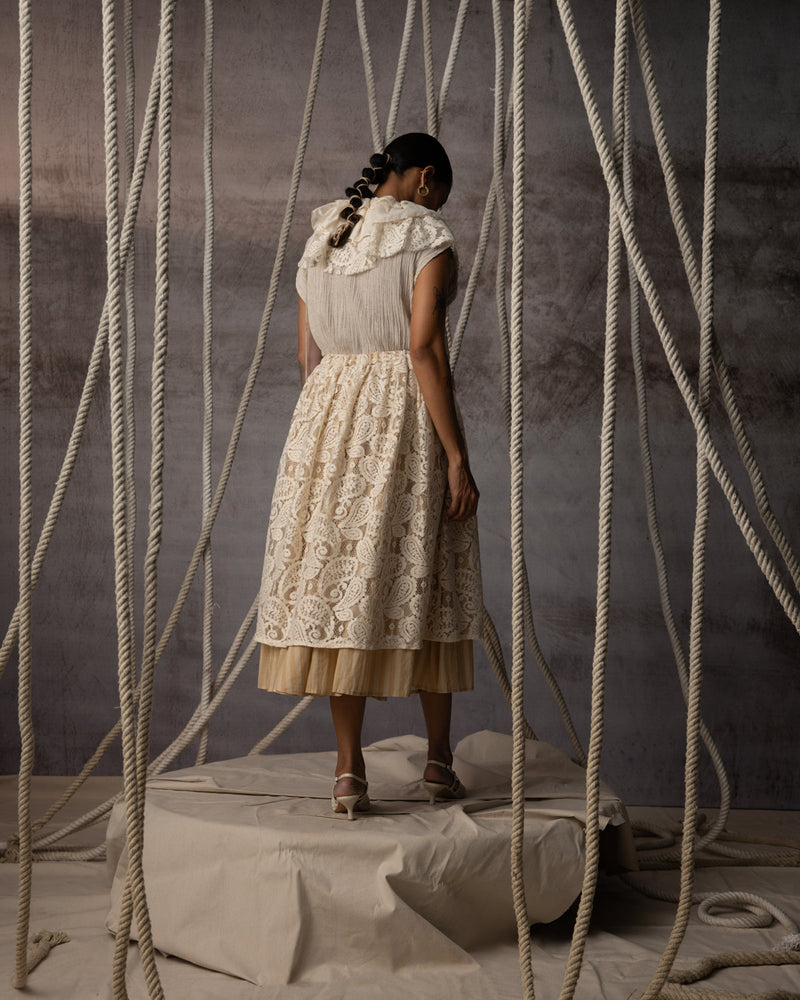 Ivory Lace Overlay Stripe Skirt indian cotton lace skirt by Kritika Murarka in ivory for women in Singapore