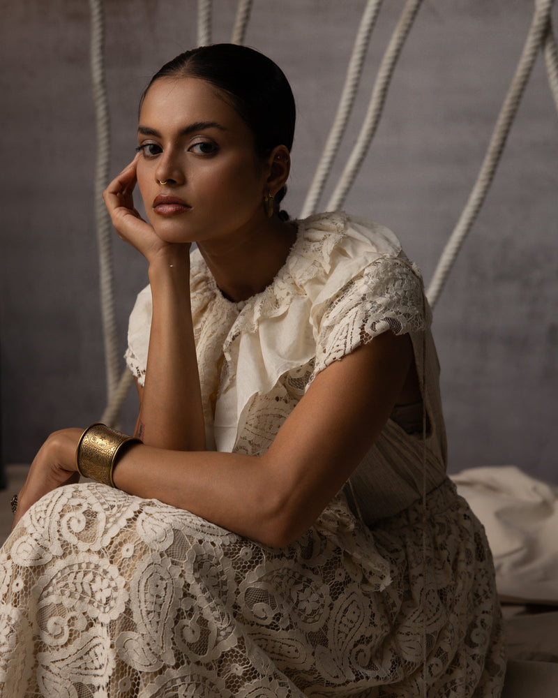 Ivory Lace Overlay Stripe Skirt indian cotton lace skirt by Kritika Murarka in ivory for women in Singapore
