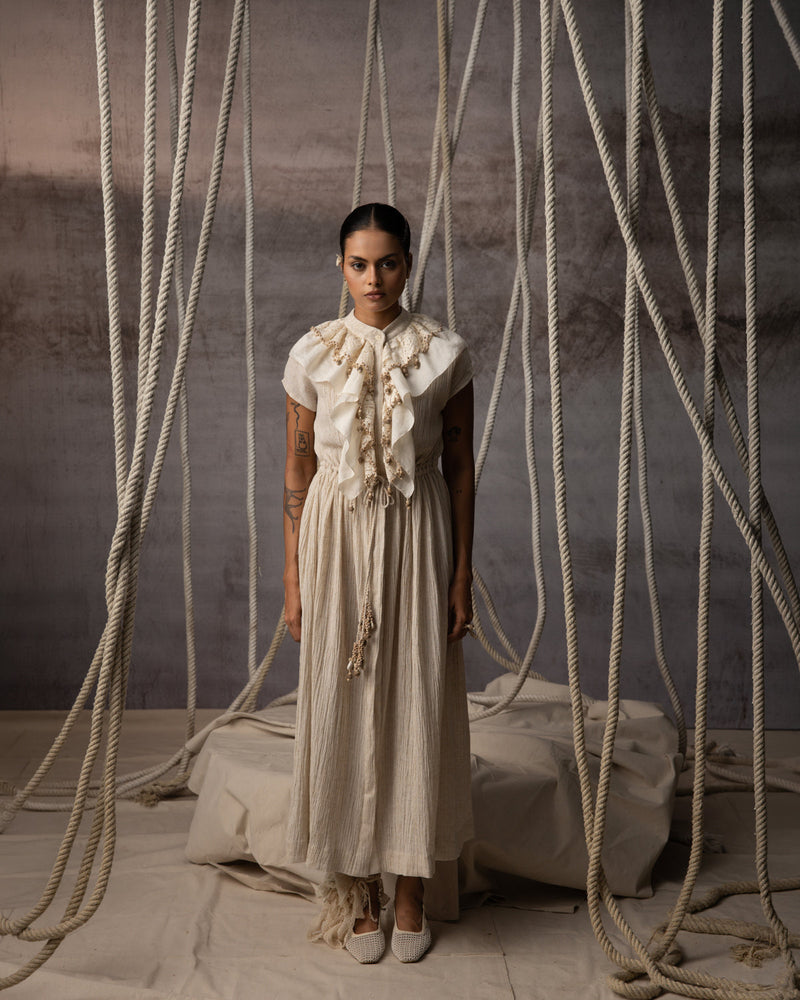 Ivory Flounce Crushed Drawstring Dress crushed cotton dress by Kritika Murarka in ivory for women in Singapore
