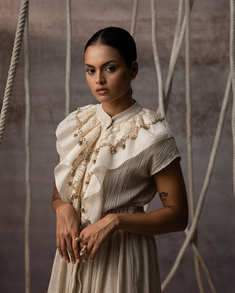 Ivory Flounce Crushed Drawstring Dress crushed cotton dress by Kritika Murarka in ivory for women in Singapore