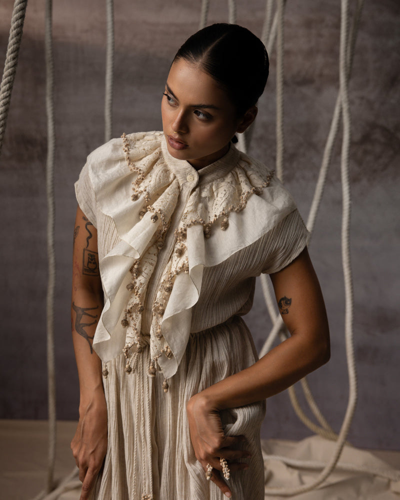 Ivory Flounce Crushed Drawstring Dress crushed cotton dress by Kritika Murarka in ivory for women in Singapore