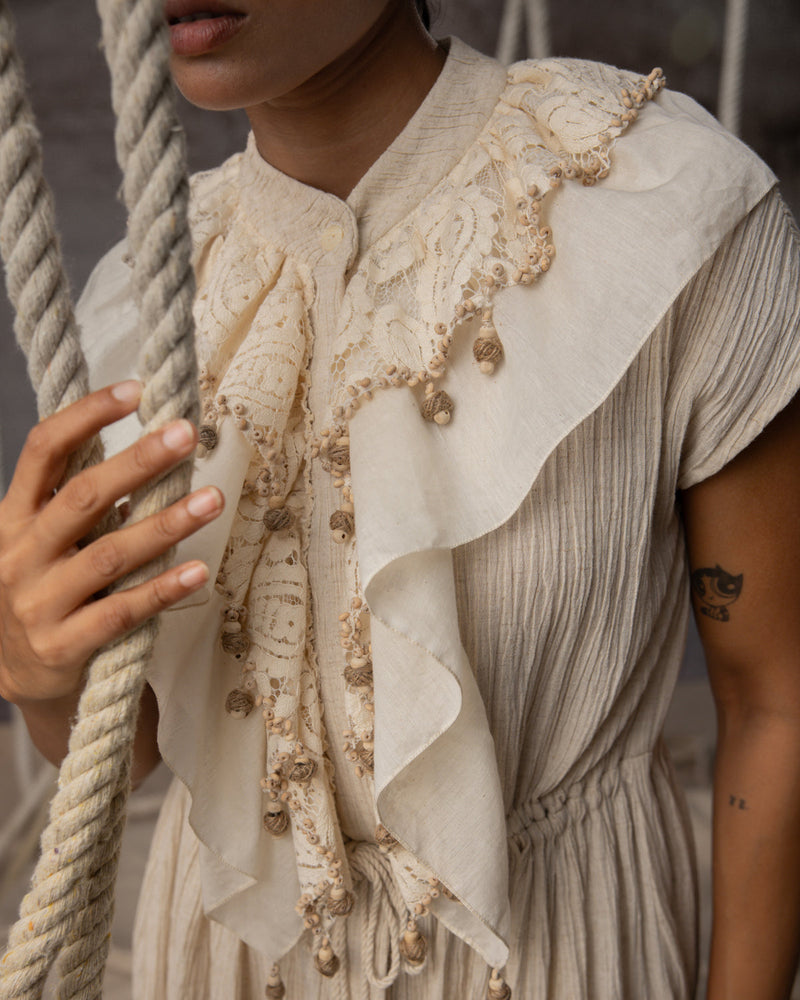 Ivory Flounce Crushed Drawstring Dress crushed cotton dress by Kritika Murarka in ivory for women in Singapore