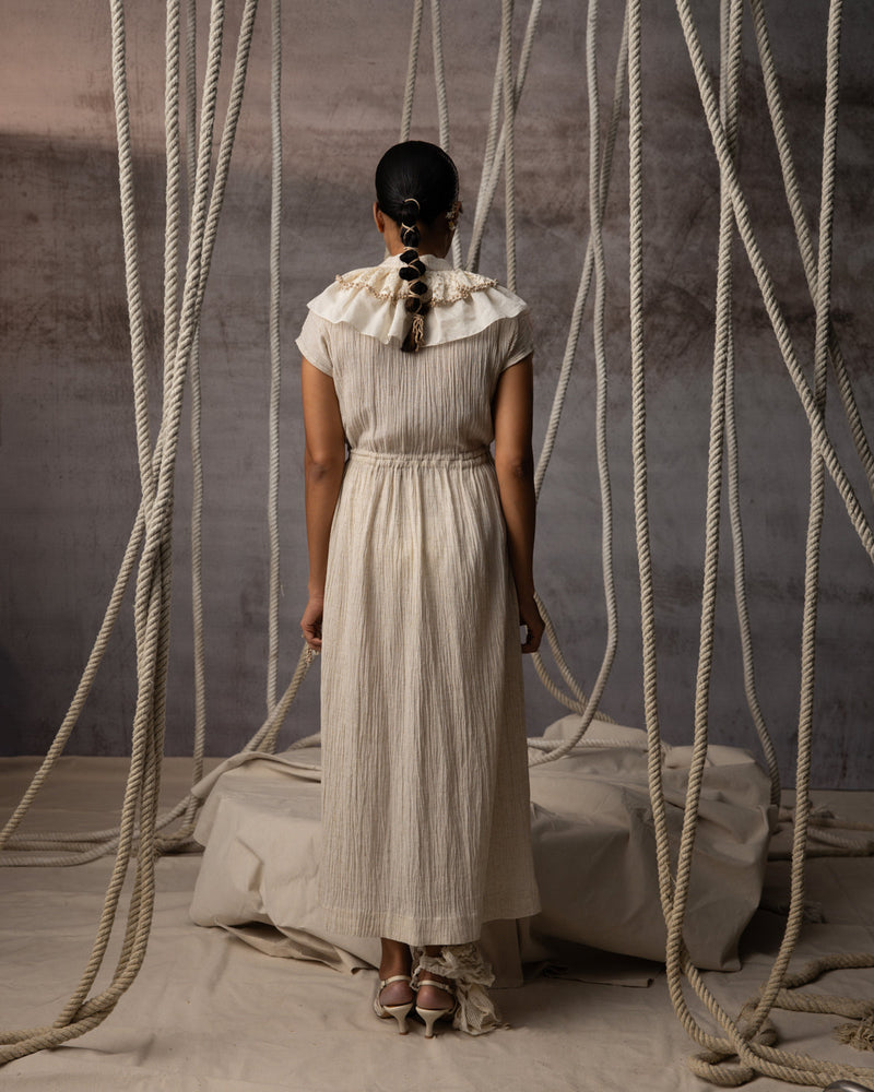 Ivory Flounce Crushed Drawstring Dress crushed cotton dress by Kritika Murarka in ivory for women in Singapore