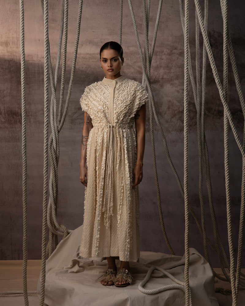 Ivory Lace Ruched Cotton Net Drawstring Dress signature cotton net dress by Kritika Murarka in ivory for women in Singapore