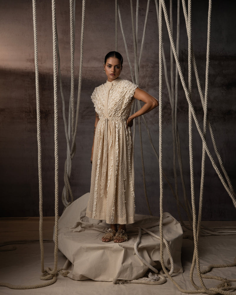Ivory Lace Ruched Cotton Net Drawstring Dress signature cotton net dress by Kritika Murarka in ivory for women in Singapore