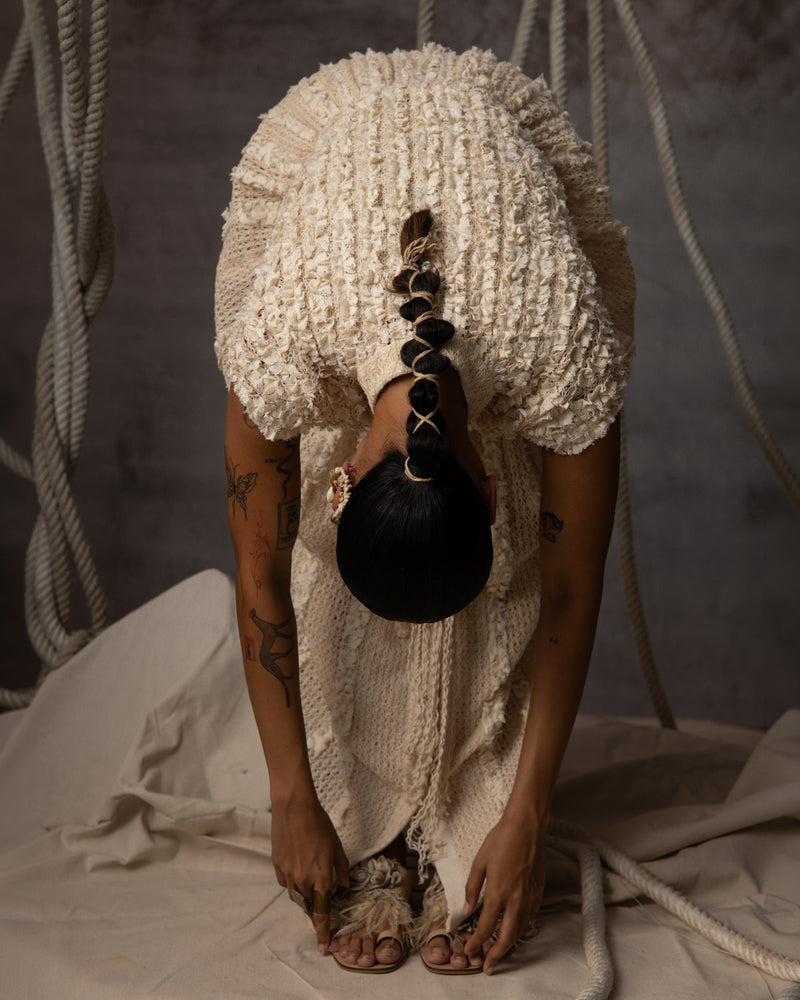 Ivory Lace Ruched Cotton Net Drawstring Dress signature cotton net dress by Kritika Murarka in ivory for women in Singapore