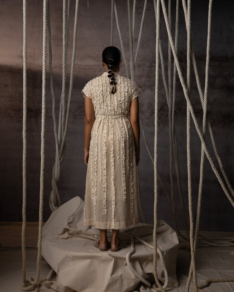 Ivory Lace Ruched Cotton Net Drawstring Dress signature cotton net dress by Kritika Murarka in ivory for women in Singapore