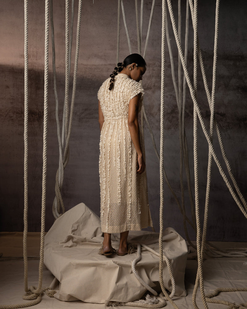 Ivory Lace Ruched Cotton Net Drawstring Dress signature cotton net dress by Kritika Murarka in ivory for women in Singapore