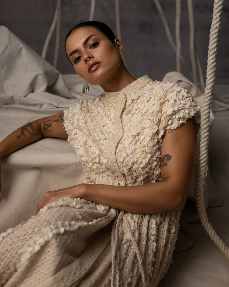 Ivory Lace Ruched Cotton Net Drawstring Dress signature cotton net dress by Kritika Murarka in ivory for women in Singapore