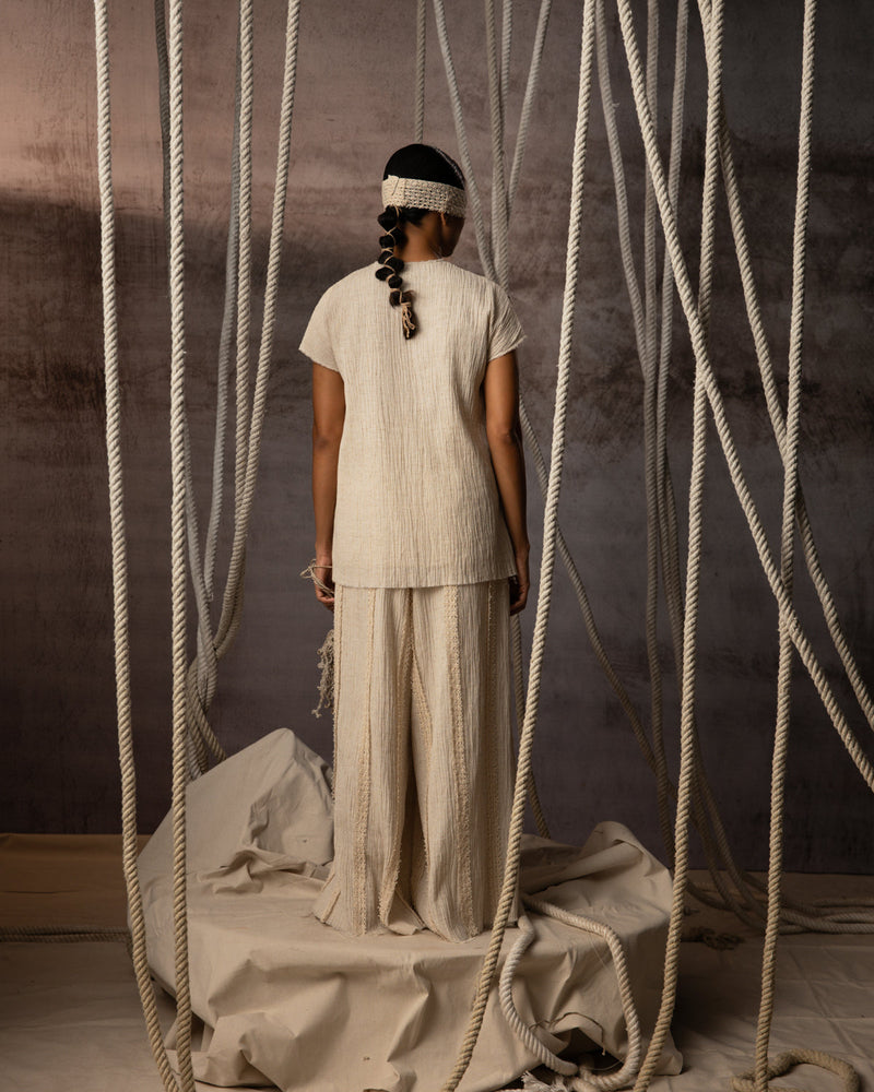 Ivory Crushed Cotton Net Trousers crushed cotton pant/trouser by Kritika Murarka in ivory for women in Singapore
