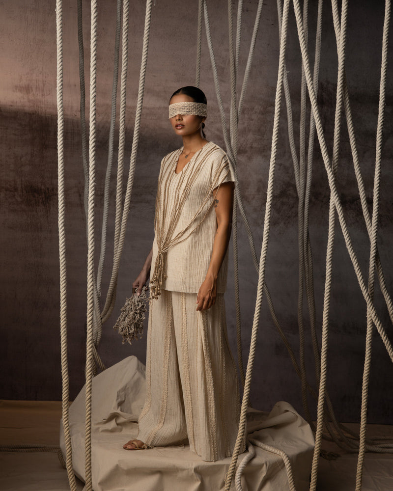 Ivory Crushed Jute-Rope Top crushed cotton top/shirt by Kritika Murarka in ivory for women in Singapore