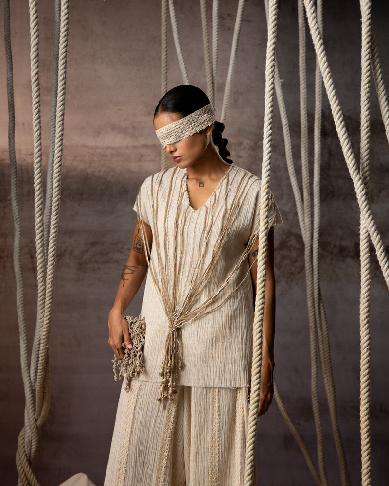 Ivory Crushed Cotton Net Trousers crushed cotton pant/trouser by Kritika Murarka in ivory for women in Singapore