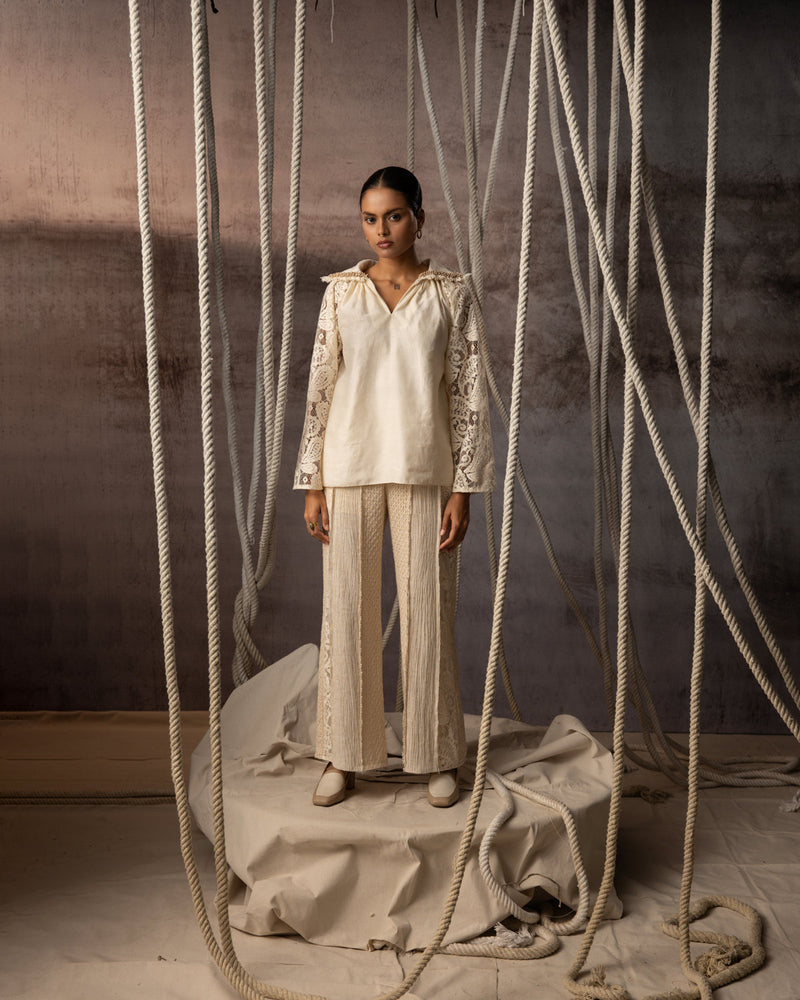 Ivory Khadi Silk Lace Hand Beaded Top khadi silk top/shirt by Kritika Murarka in ivory for women in Singapore