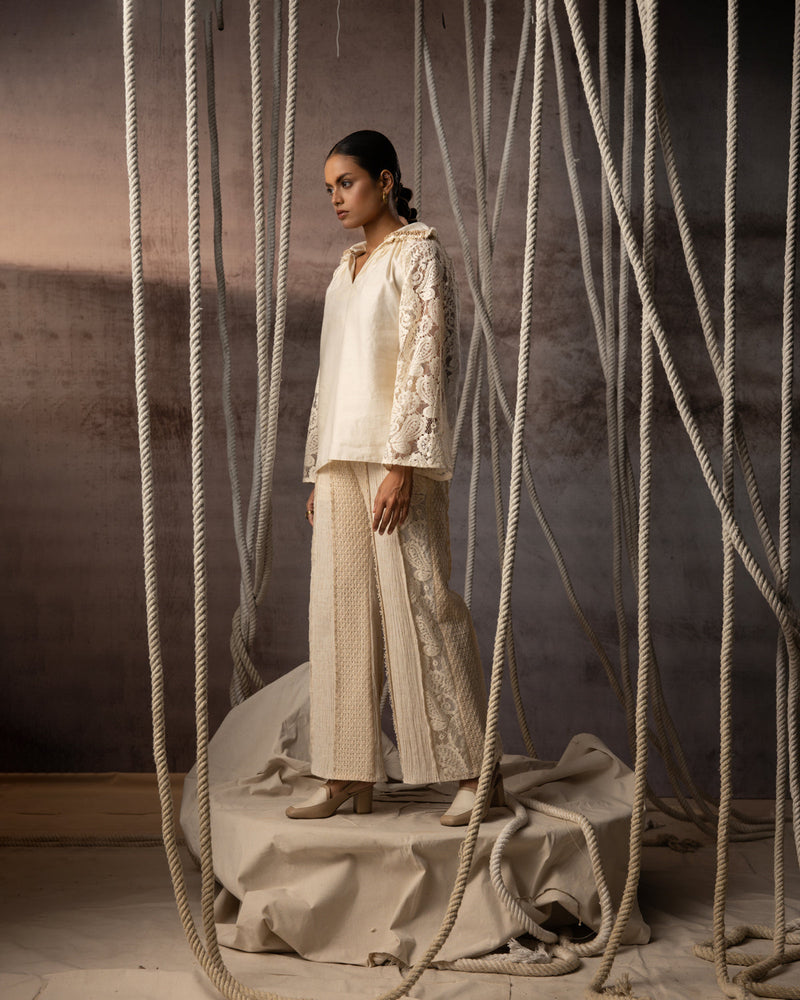 Ivory Khadi Silk Lace Hand Beaded Top khadi silk top/shirt by Kritika Murarka in ivory for women in Singapore