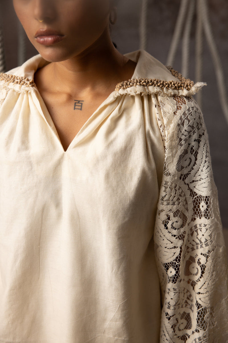 Ivory Khadi Silk Lace Hand Beaded Top khadi silk top/shirt by Kritika Murarka in ivory for women in Singapore