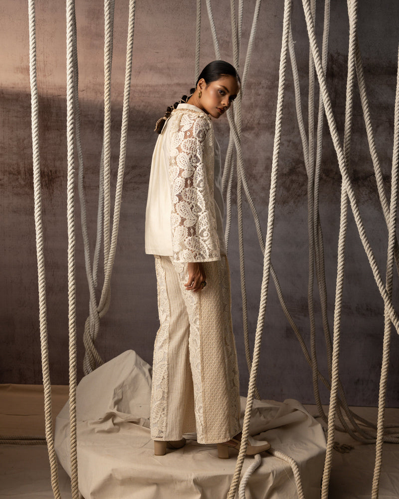 Ivory Panelled Trousers crushed cotton pant/trouser by Kritika Murarka in ivory for women in Singapore