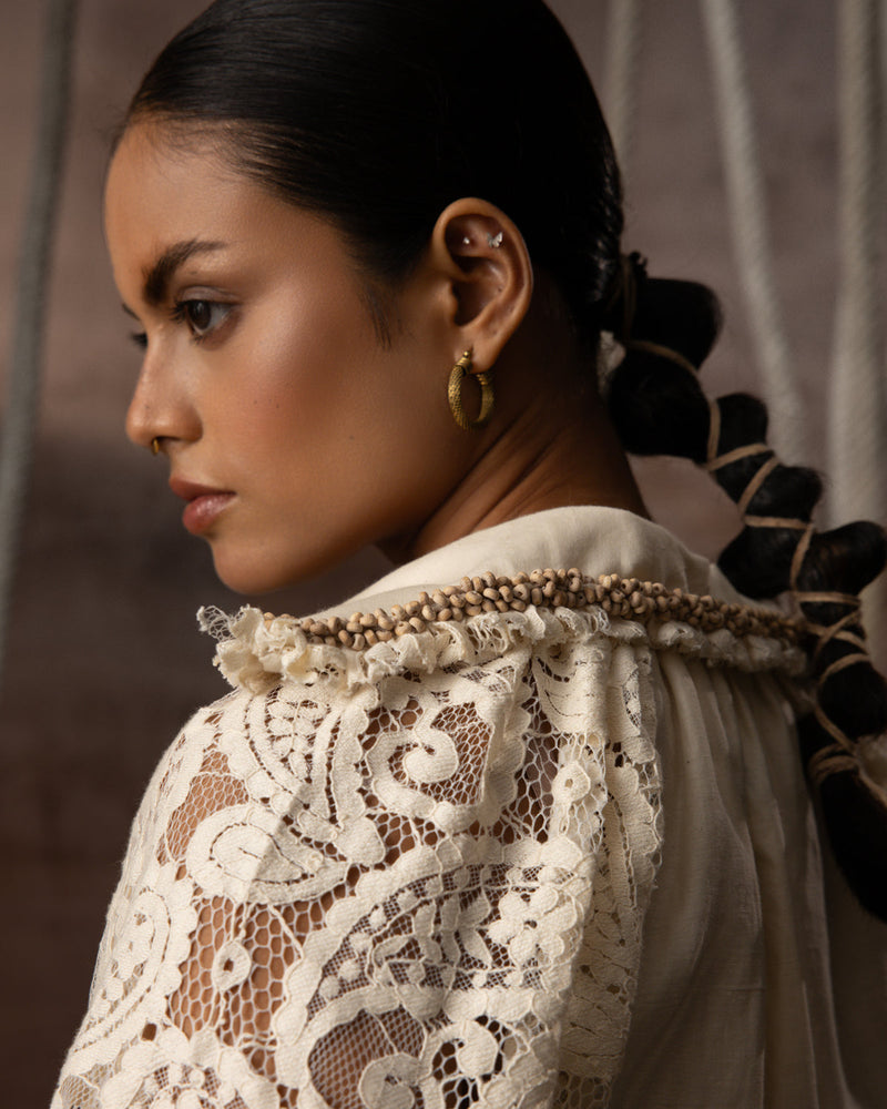 Ivory Khadi Silk Lace Hand Beaded Top khadi silk top/shirt by Kritika Murarka in ivory for women in Singapore