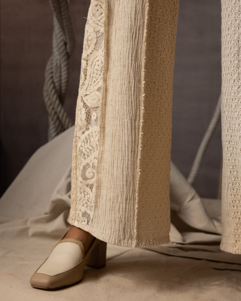 Ivory Panelled Trousers crushed cotton pant/trouser by Kritika Murarka in ivory for women in Singapore