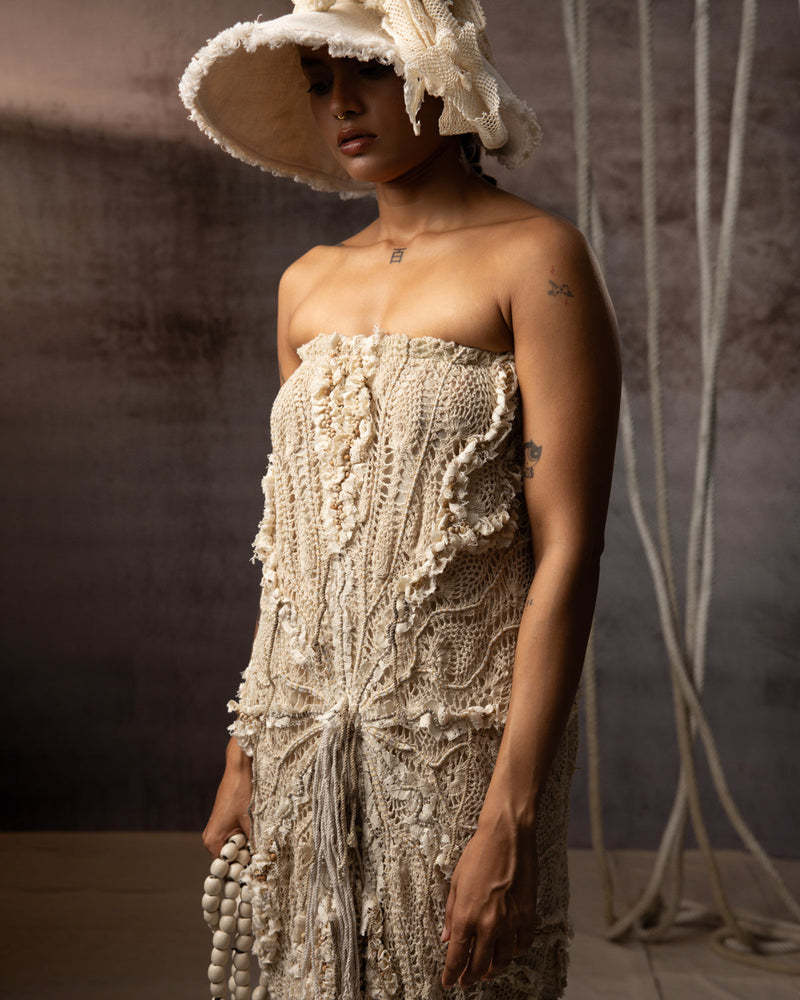 Ivory Crochet Tube Dress hand crochet dress by Kritika Murarka in ivory for women in Singapore