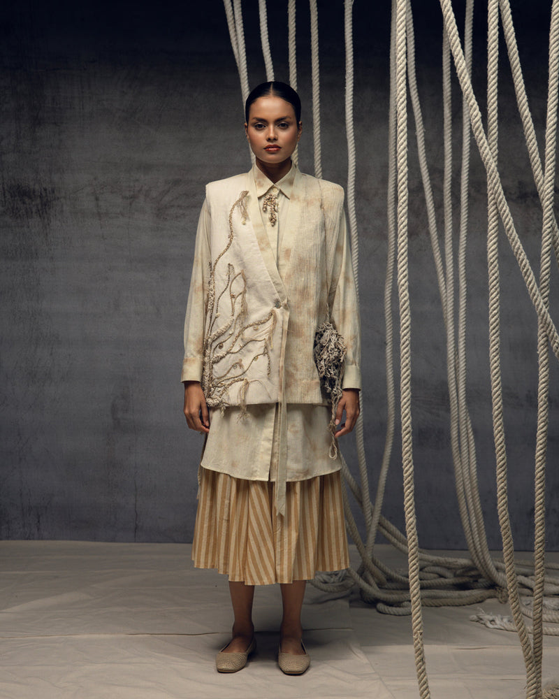 Khadi Jute Embroidered Kimono Jacket silk khadi jacket/overlay by Kritika Murarka in ivory for women in Singapore