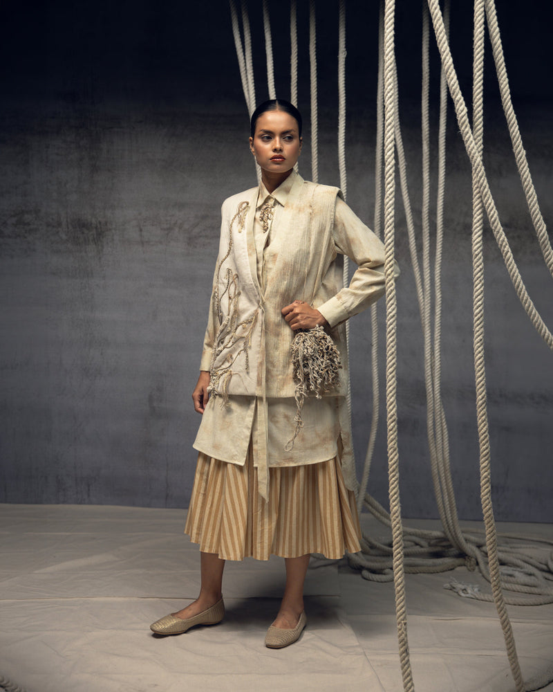Khadi Jute Embroidered Kimono Jacket silk khadi jacket/overlay by Kritika Murarka in ivory for women in Singapore