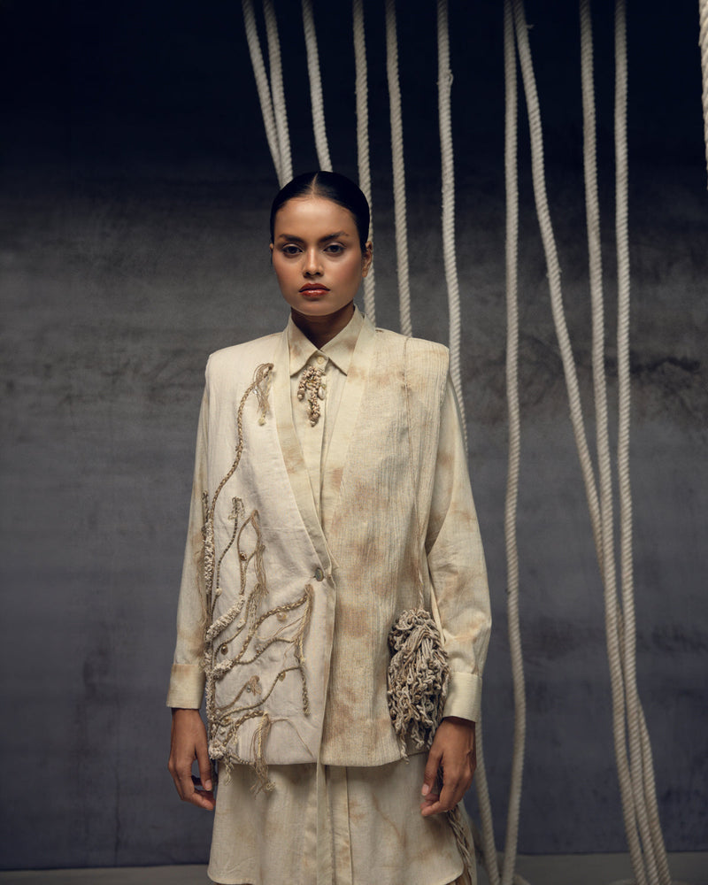 Khadi Jute Embroidered Kimono Jacket silk khadi jacket/overlay by Kritika Murarka in ivory for women in Singapore