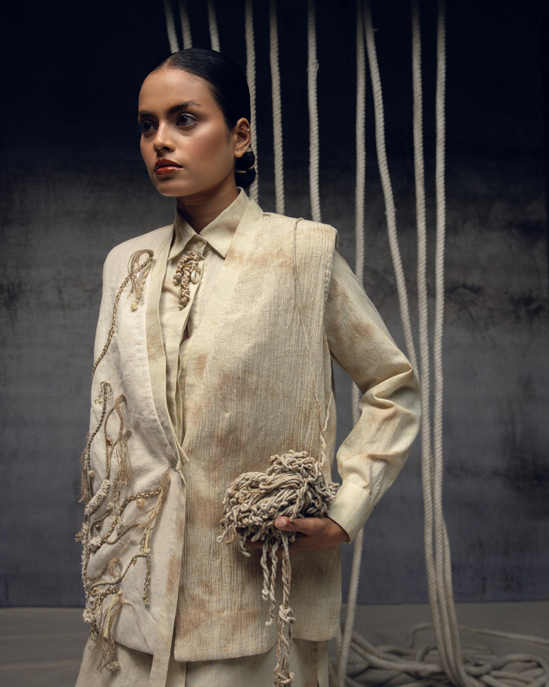 Khadi Jute Embroidered Kimono Jacket silk khadi jacket/overlay by Kritika Murarka in ivory for women in Singapore