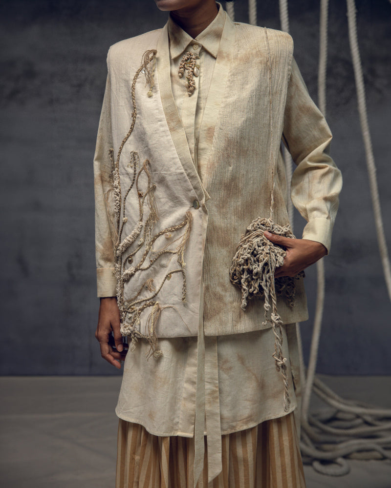 Khadi Jute Embroidered Kimono Jacket silk khadi jacket/overlay by Kritika Murarka in ivory for women in Singapore