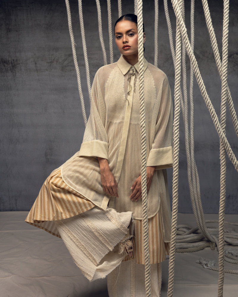 Ivory Open-Mesh Shirt Dress cotton open mesh top/shirt by Kritika Murarka in ivory for women in Singapore