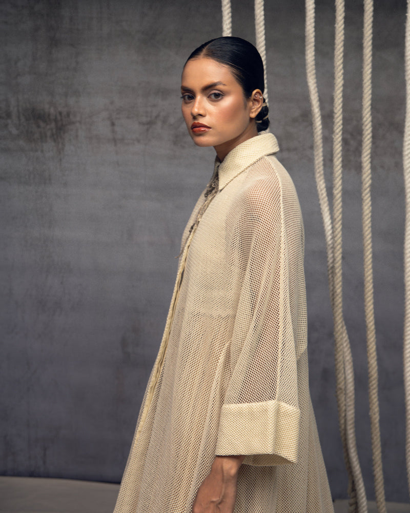 Ivory Open-Mesh Shirt Dress cotton open mesh top/shirt by Kritika Murarka in ivory for women in Singapore
