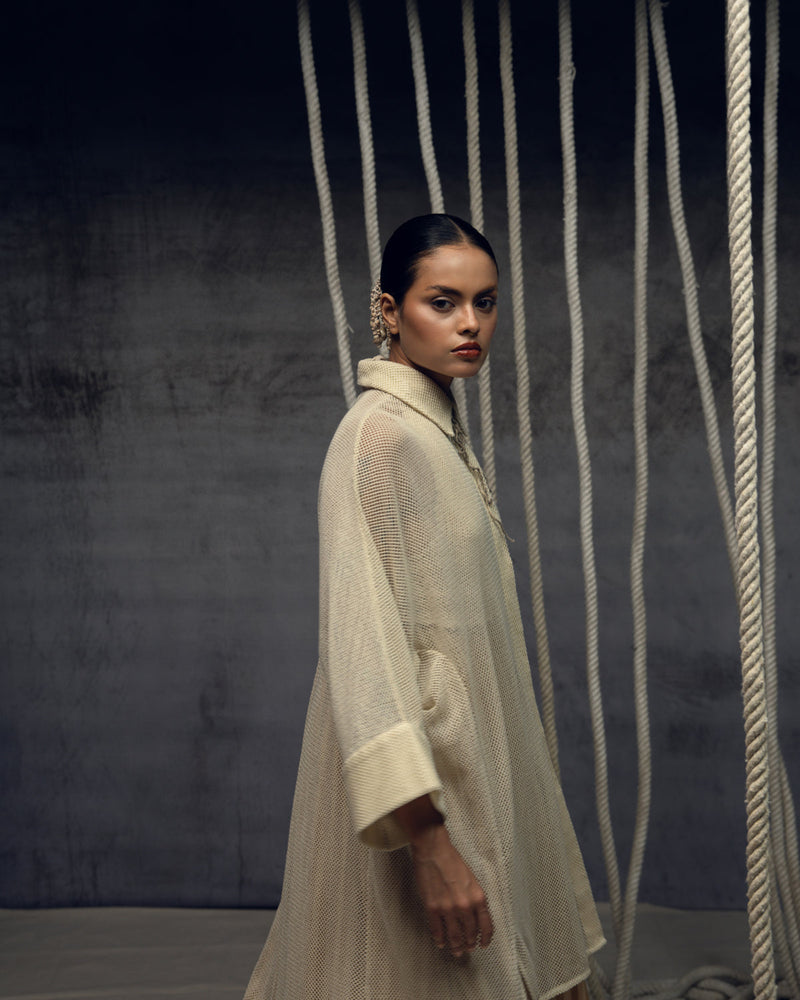Ivory Open-Mesh Shirt Dress cotton open mesh top/shirt by Kritika Murarka in ivory for women in Singapore