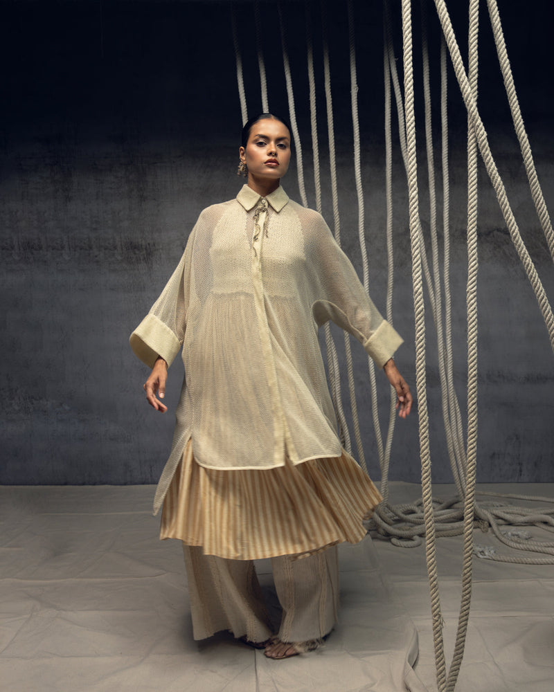 Ivory Open-Mesh Shirt Dress cotton open mesh top/shirt by Kritika Murarka in ivory for women in Singapore