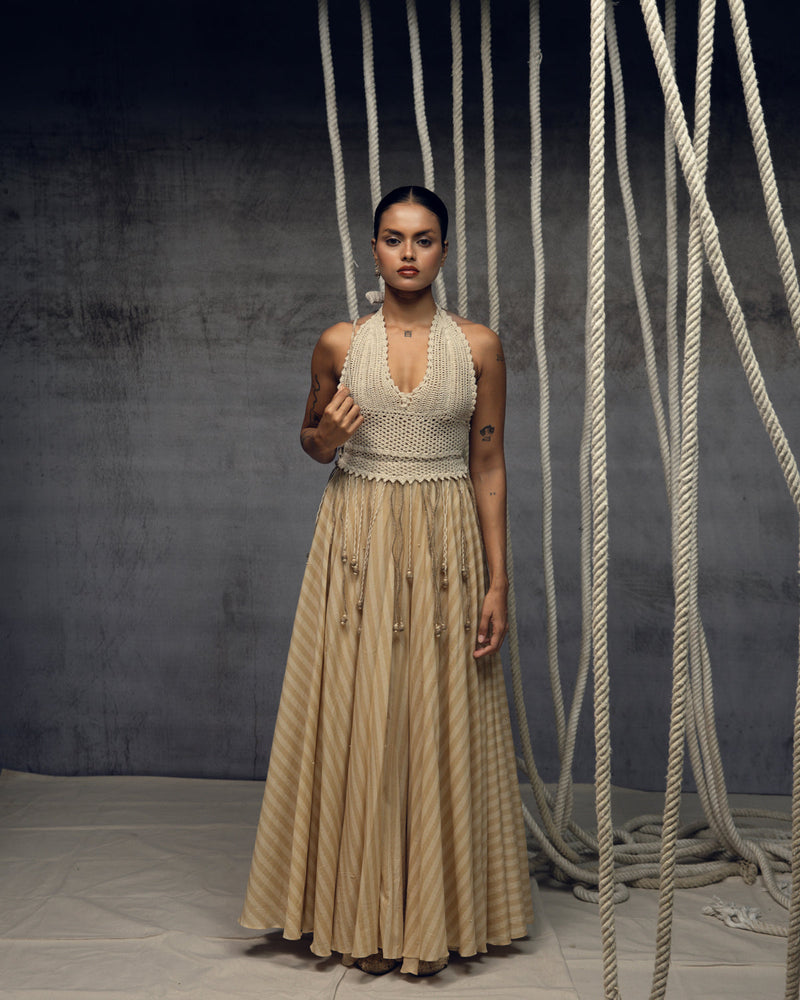 Ivory Crochet Bralette Striped Maxi hand crochet dress by Kritika Murarka in ivory for women in Singapore