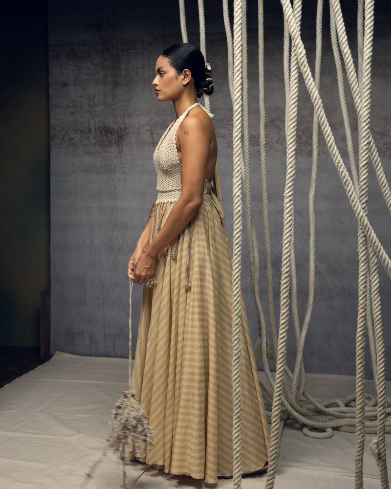 Ivory Crochet Bralette Striped Maxi hand crochet dress by Kritika Murarka in ivory for women in Singapore