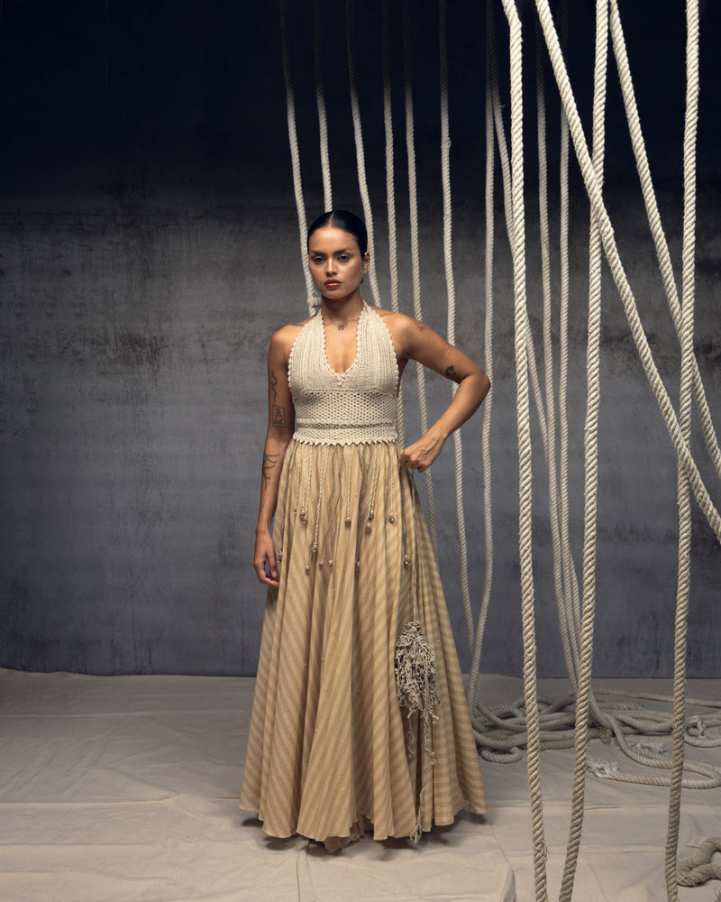 Ivory Crochet Bralette Striped Maxi hand crochet dress by Kritika Murarka in ivory for women in Singapore