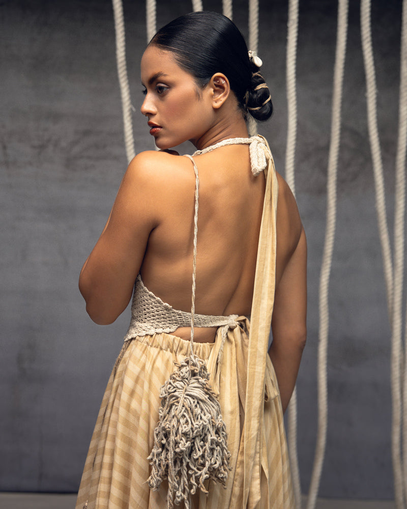 Ivory Crochet Bralette Striped Maxi hand crochet dress by Kritika Murarka in ivory for women in Singapore