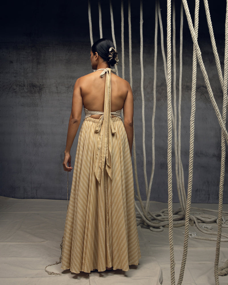 Ivory Crochet Bralette Striped Maxi hand crochet dress by Kritika Murarka in ivory for women in Singapore