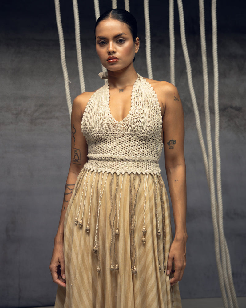 Ivory Crochet Bralette Striped Maxi hand crochet dress by Kritika Murarka in ivory for women in Singapore