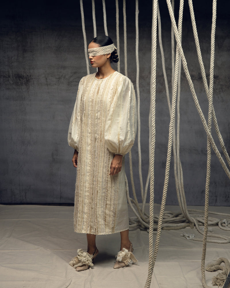 Ivory Khadi Silk Fringing Column Dress khadi silk dress by Kritika Murarka in ivory for women in Singapore