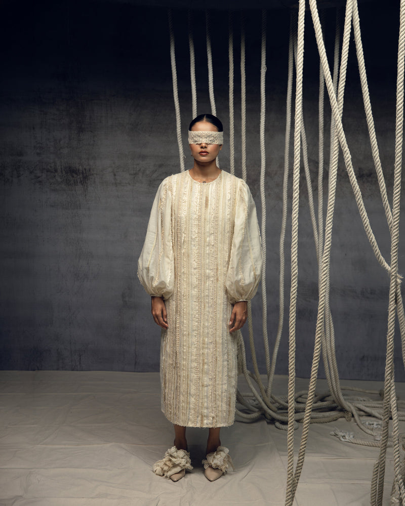 Ivory Khadi Silk Fringing Column Dress khadi silk dress by Kritika Murarka in ivory for women in Singapore