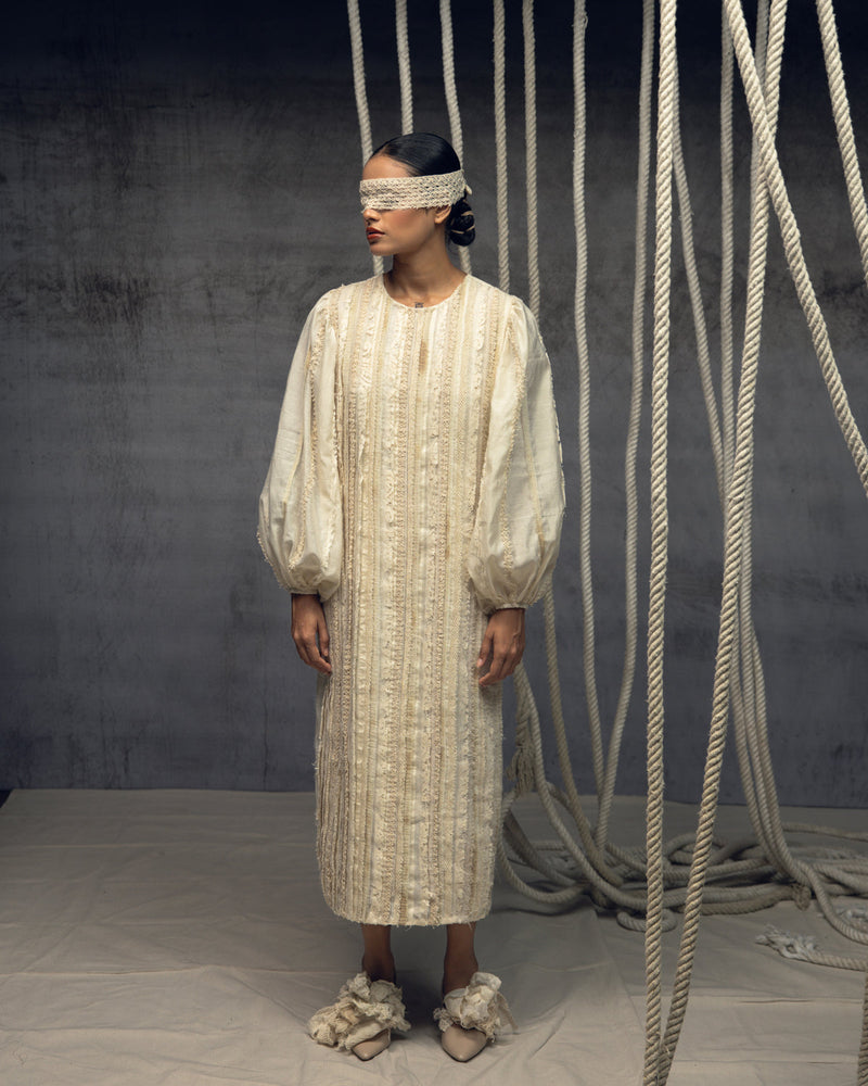 Ivory Khadi Silk Fringing Column Dress khadi silk dress by Kritika Murarka in ivory for women in Singapore