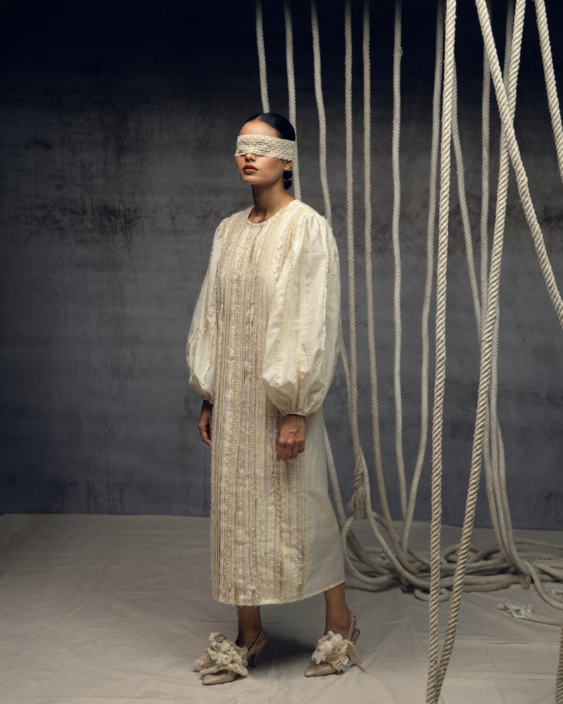 Ivory Khadi Silk Fringing Column Dress khadi silk dress by Kritika Murarka in ivory for women in Singapore