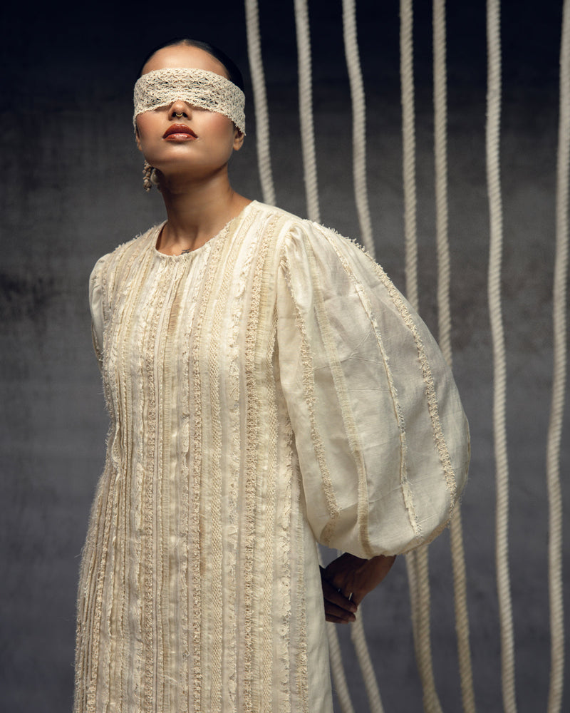 Ivory Khadi Silk Fringing Column Dress khadi silk dress by Kritika Murarka in ivory for women in Singapore