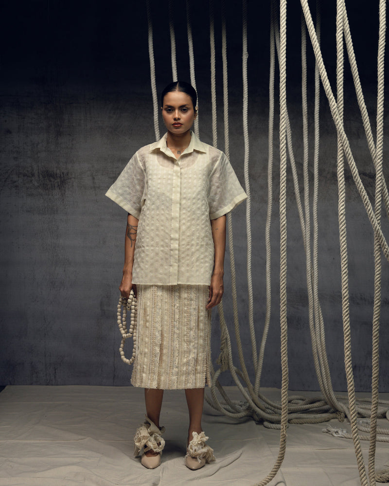 Ivorykhadi Silk Checkered Shirt khadi silk top/shirt by Kritika Murarka in ivory for women in Singapore