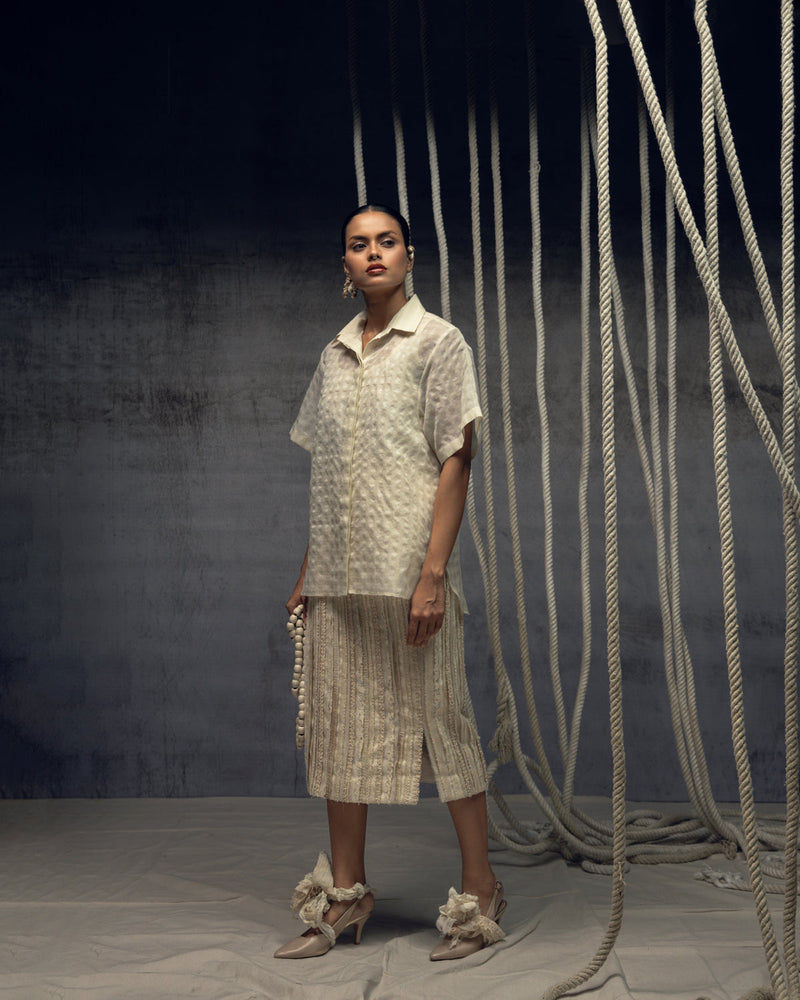 Ivorykhadi Silk Checkered Shirt khadi silk top/shirt by Kritika Murarka in ivory for women in Singapore