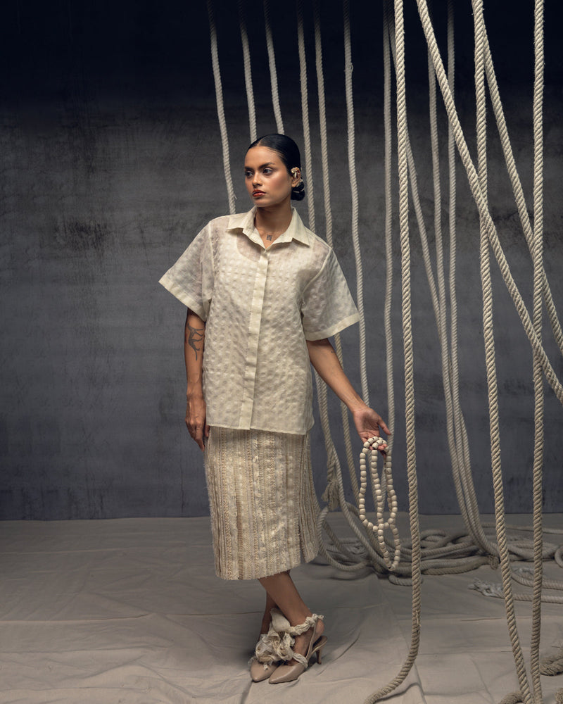 Ivorykhadi Silk Checkered Shirt khadi silk top/shirt by Kritika Murarka in ivory for women in Singapore