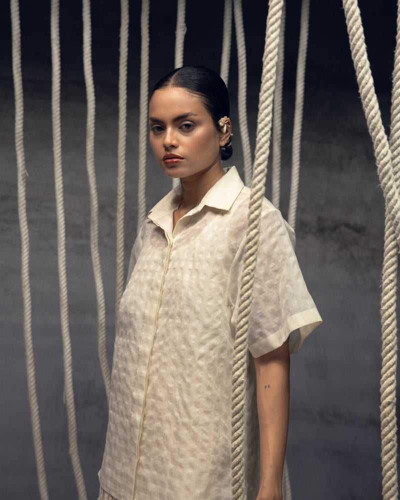 Ivorykhadi Silk Checkered Shirt khadi silk top/shirt by Kritika Murarka in ivory for women in Singapore