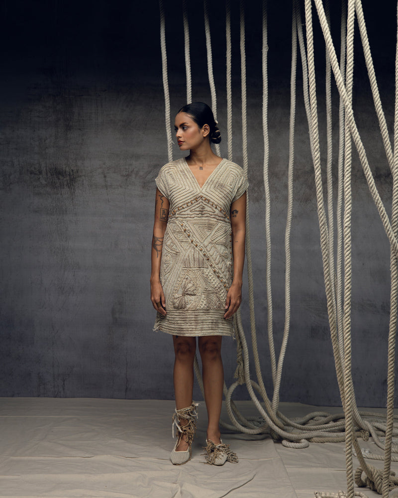 Ivory Crushed Embroidered Short Dress crushed cotton dress by Kritika Murarka in ivory for women in Singapore