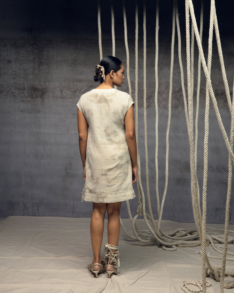 Ivory Crushed Embroidered Short Dress crushed cotton dress by Kritika Murarka in ivory for women in Singapore
