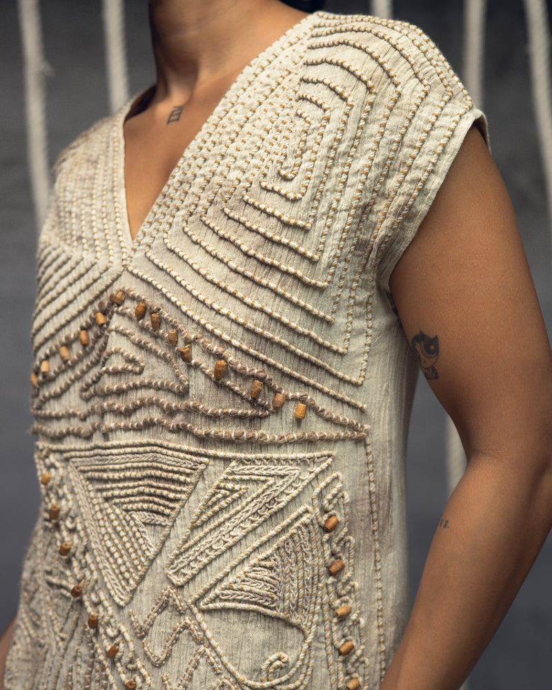 Ivory Crushed Embroidered Short Dress crushed cotton dress by Kritika Murarka in ivory for women in Singapore
